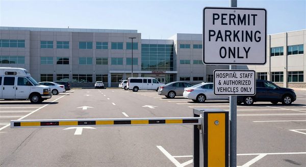 Hospital parking lot with clear permit zone signage and access control barrier gate