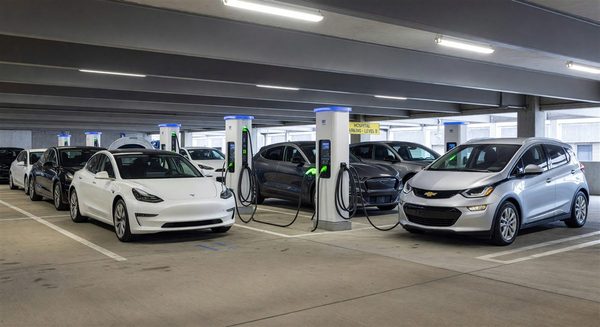 EV charging stations installed in hospital parking structure with multiple electric vehicles charging