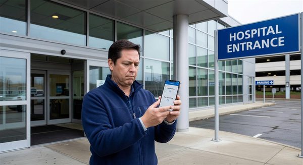 Patient using hospital mobile app to find parking and pay for parking at hospital entrance