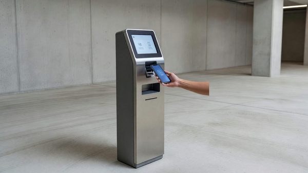 Hospital parking garage pay station with contactless card reader and mobile phone payment in progress