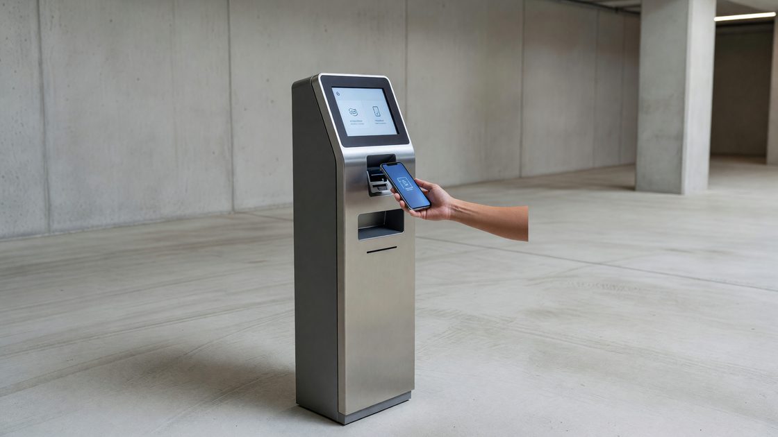 Hospital parking garage pay station with contactless card reader and mobile phone payment in progress