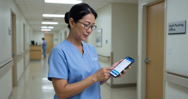Hospital staff member using mobile app to manage parking permit and vehicle registration