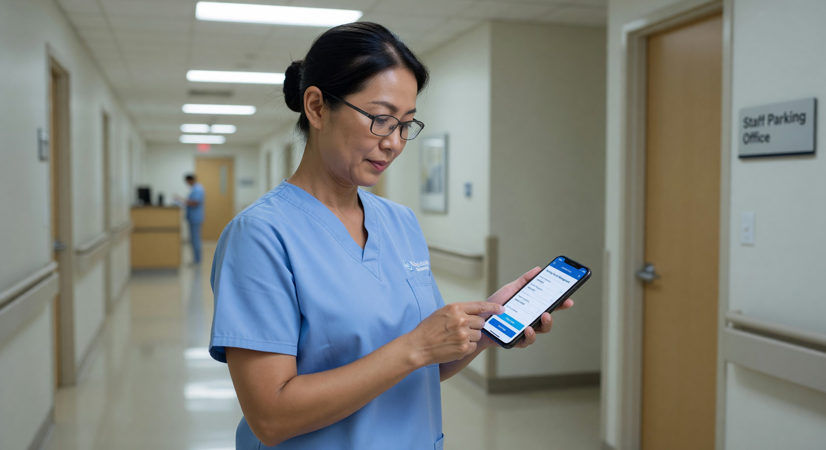 Hospital staff member using mobile app to manage parking permit and vehicle registration