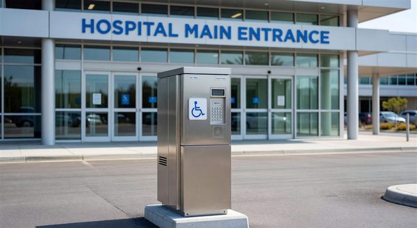 Modern hospital parking entrance with unattended pay station and overhead LPR camera