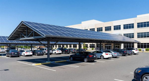 Hospital parking lot with solar carport canopy providing shade and renewable energy generation