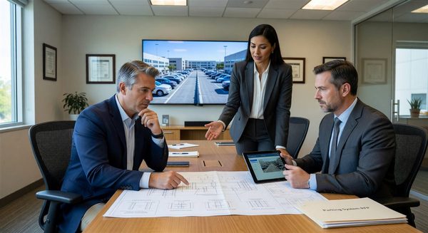 Facility director reviewing parking system specifications with vendor representatives at a hospital