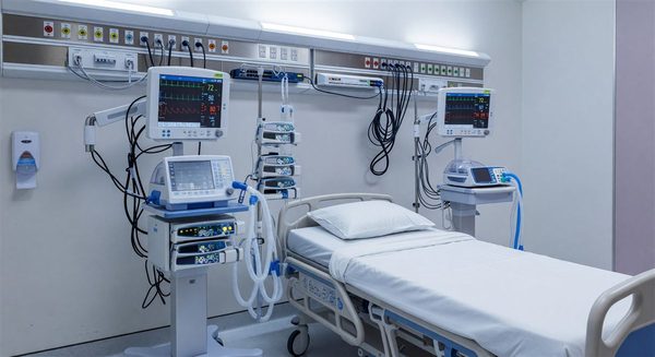 Hospital ICU room showing integrated patient monitoring equipment with power and network infrastructure