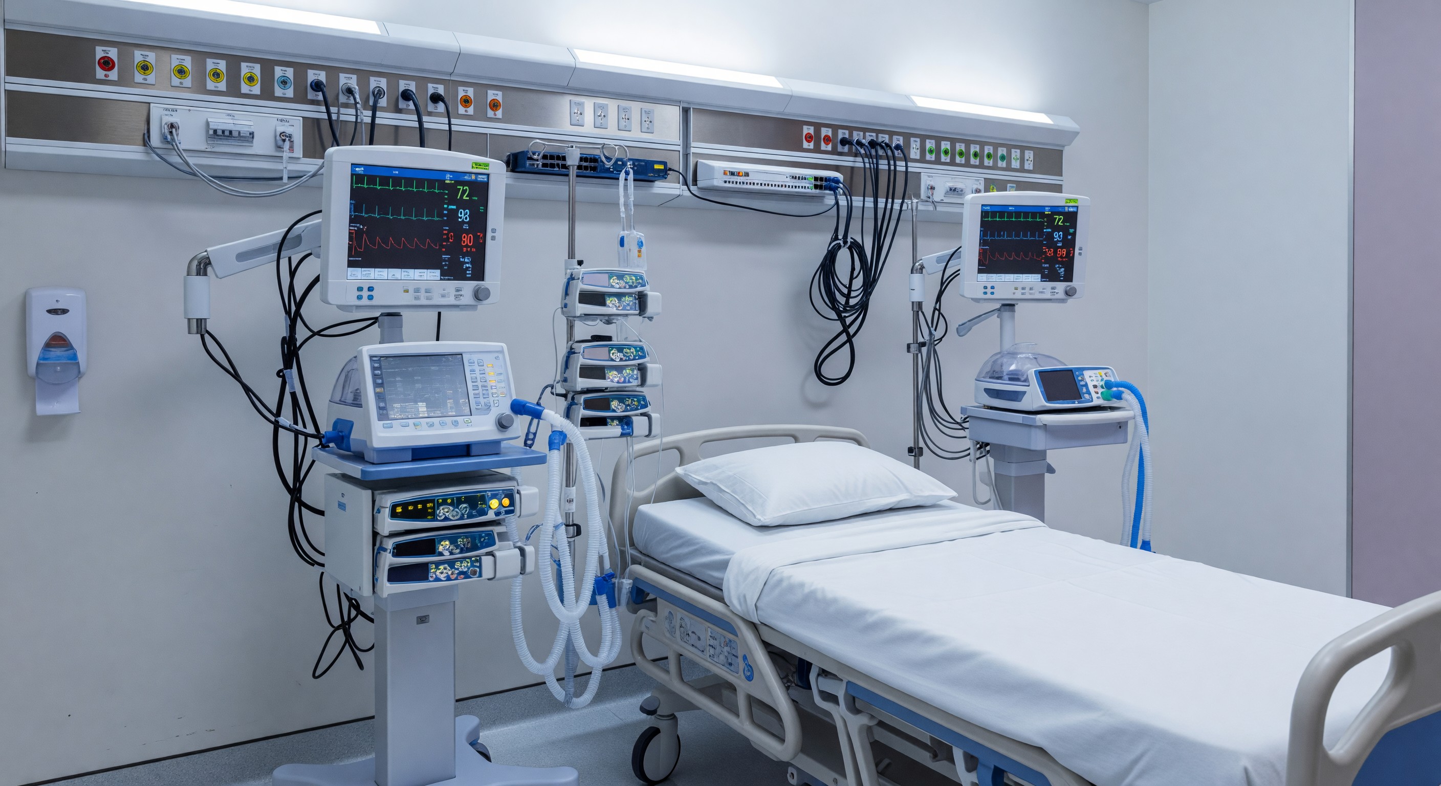 Hospital ICU room showing integrated patient monitoring equipment with power and network infrastructure