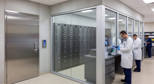Hospital pharmacy with secure controlled substance storage and access control entry
