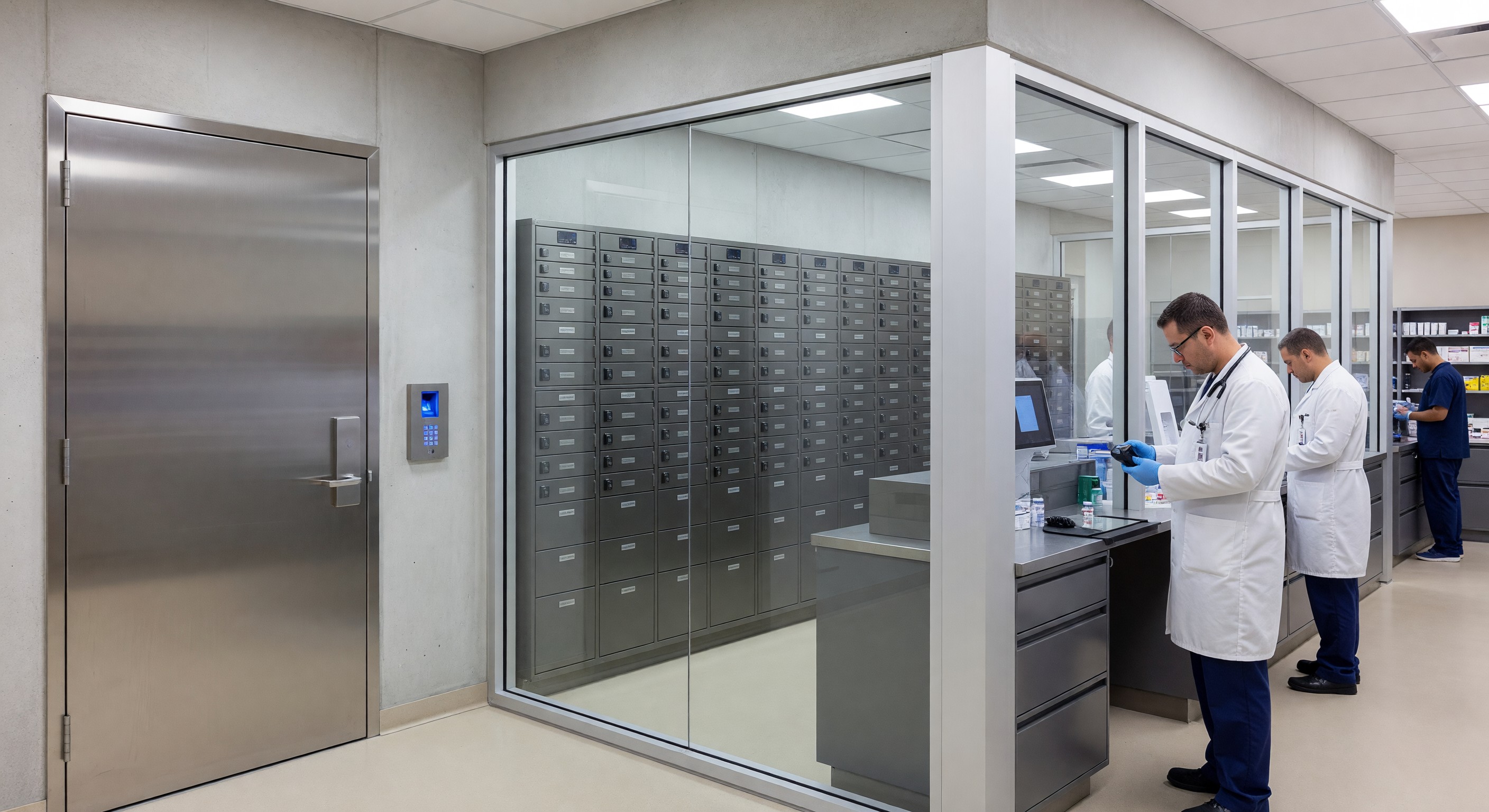 Hospital pharmacy with secure controlled substance storage and access control entry