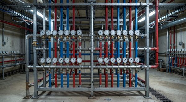 Hospital central mechanical room showing domestic hot and cold water distribution manifold with pressure gauges