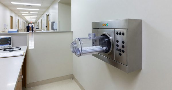 Hospital pneumatic tube transport system station in nursing unit with carrier loading bay