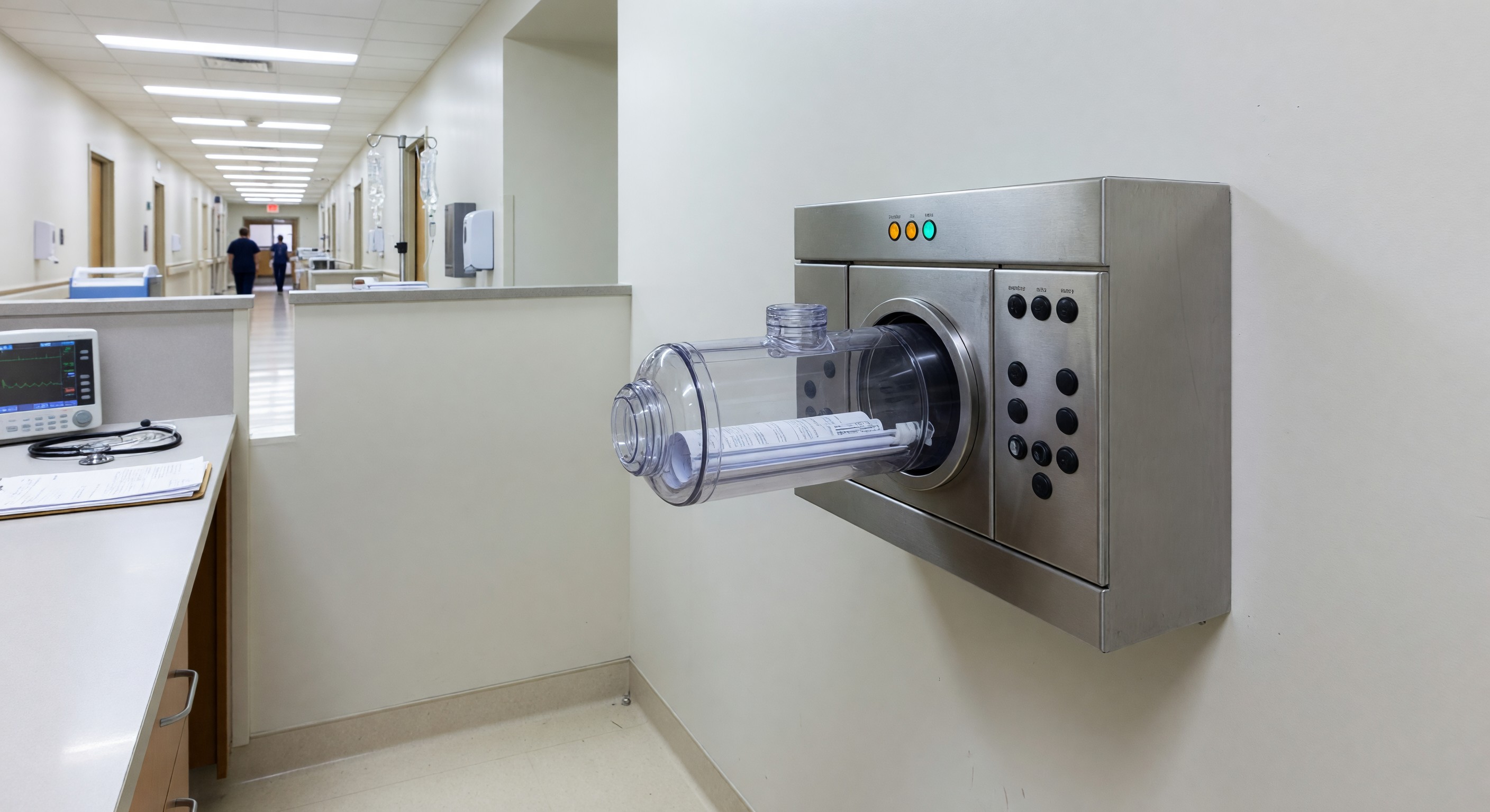 Hospital pneumatic tube transport system station in nursing unit with carrier loading bay