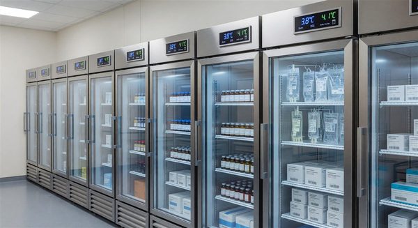Medical grade refrigeration units in a hospital pharmacy with digital temperature monitoring displays