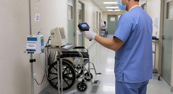 Hospital equipment tagged with RFID labels being scanned in clinical corridor