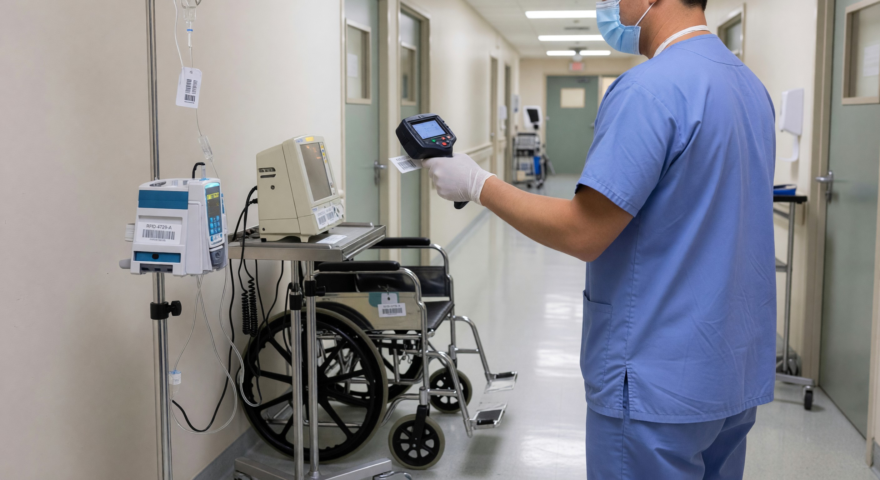 Hospital equipment tagged with RFID labels being scanned in clinical corridor