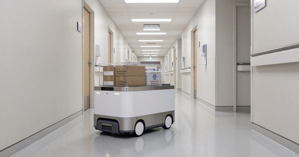Autonomous mobile robot navigating hospital corridor delivering supplies to patient care unit