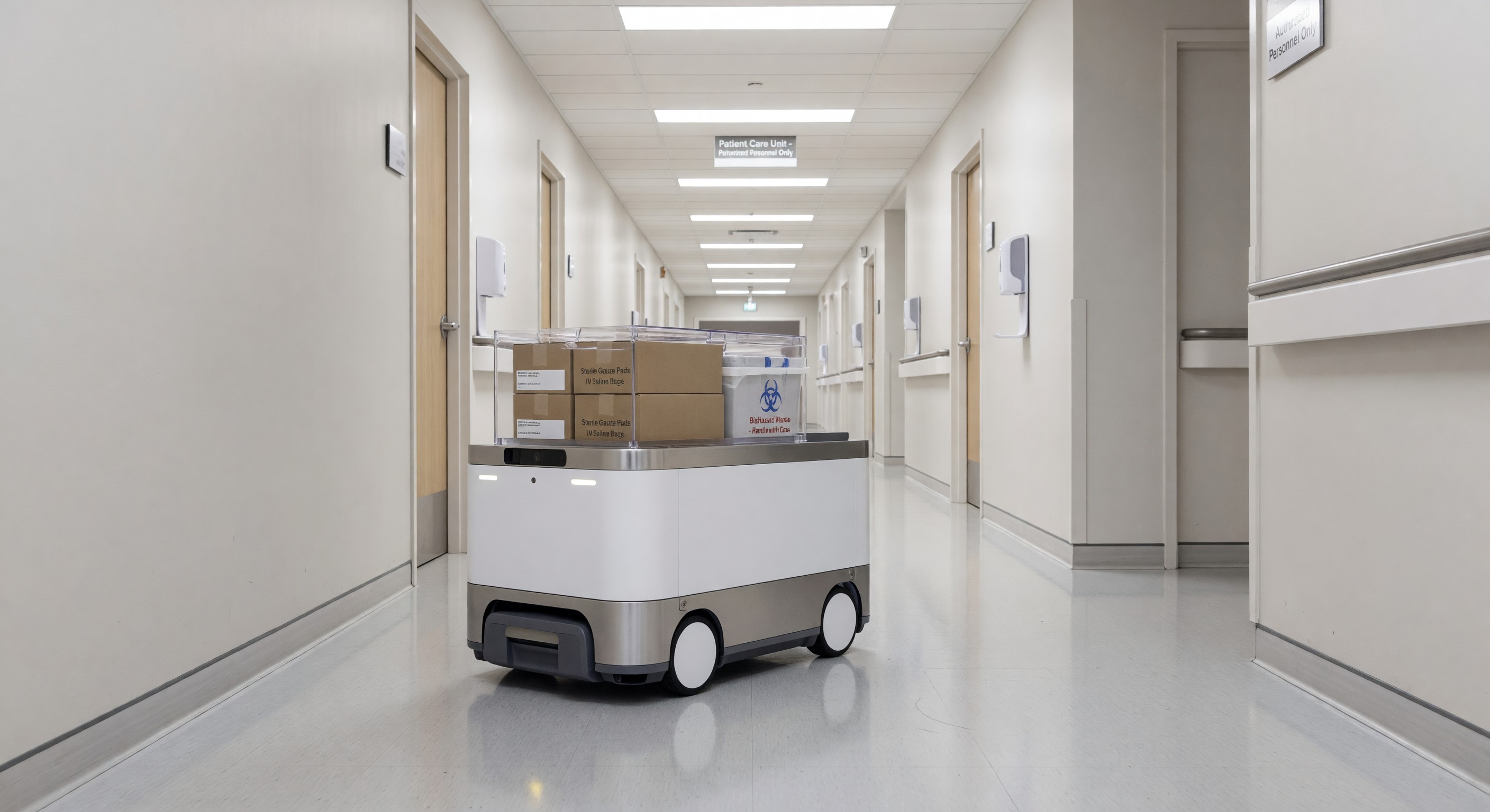 Autonomous mobile robot navigating hospital corridor delivering supplies to patient care unit