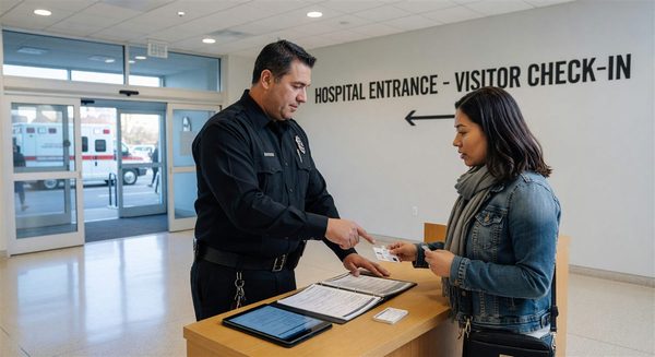 Healthcare security officer at hospital entrance conducting visitor credentialing