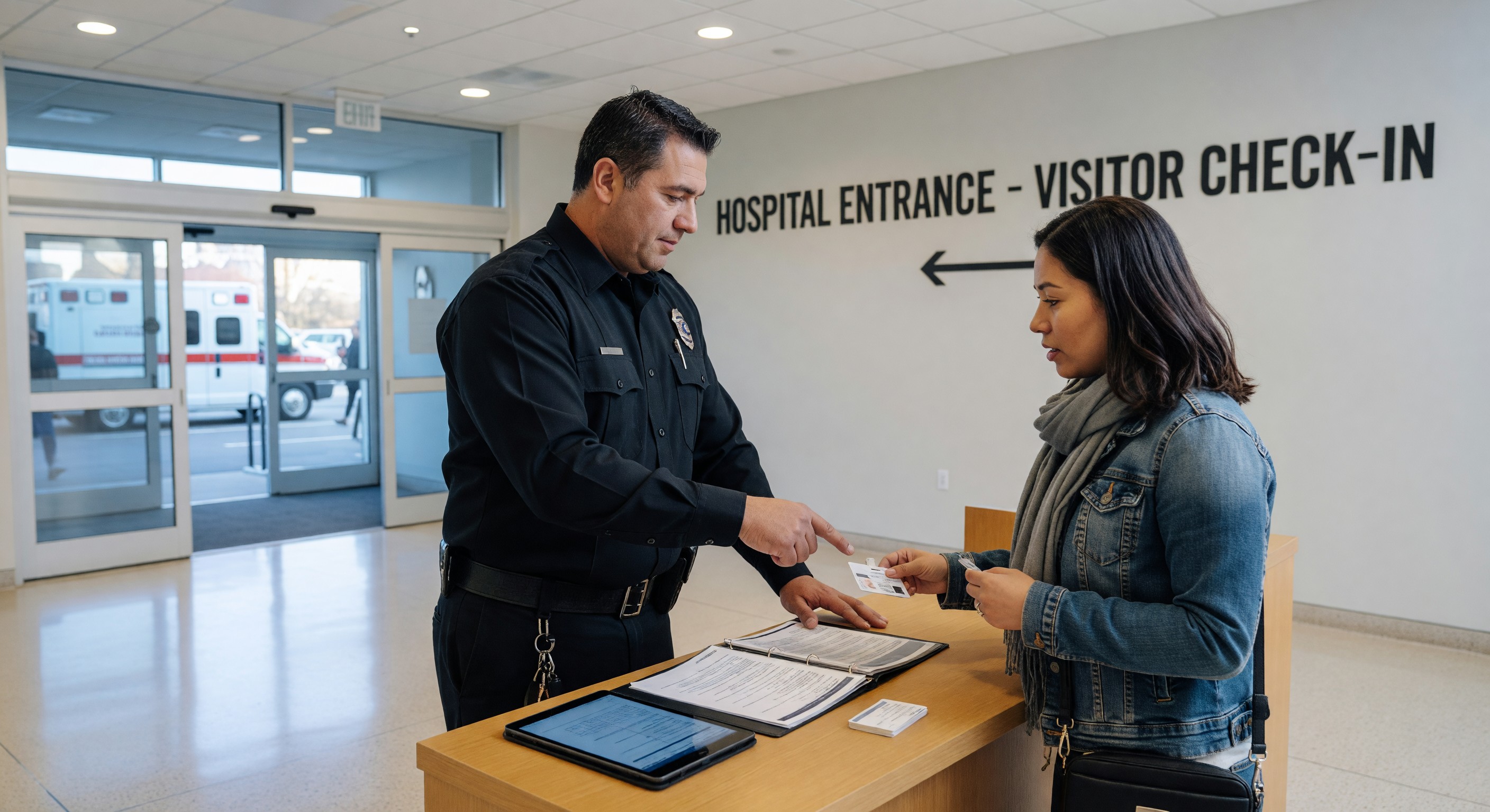 Healthcare security officer at hospital entrance conducting visitor credentialing