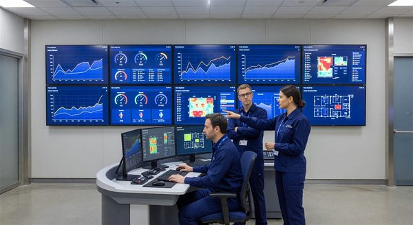 Hospital building management control center with smart building dashboards showing real-time system status