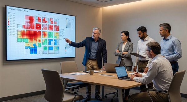 Hospital facilities planning team reviewing space utilization heat maps on presentation screen