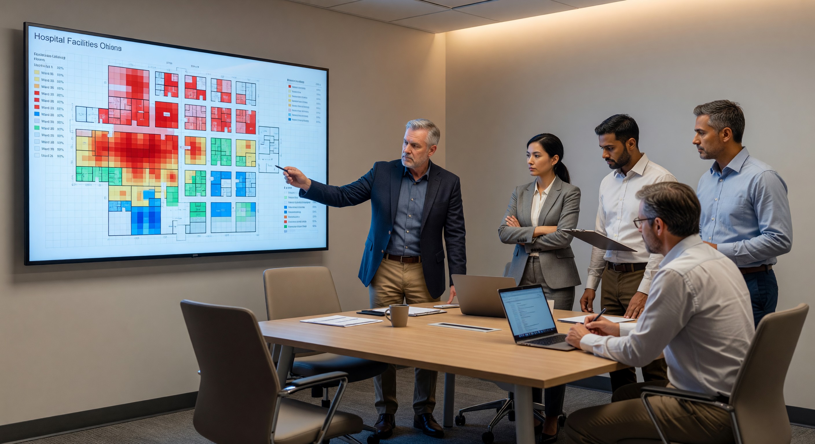 Hospital facilities planning team reviewing space utilization heat maps on presentation screen