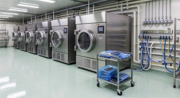 Hospital sterile processing department with large autoclave sterilizers and utility connections