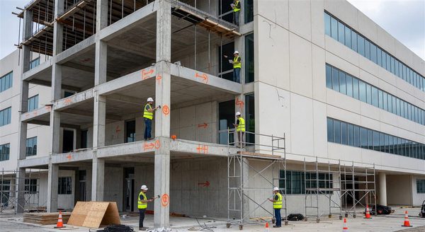 Hospital building exterior showing structural frame and facade under assessment
