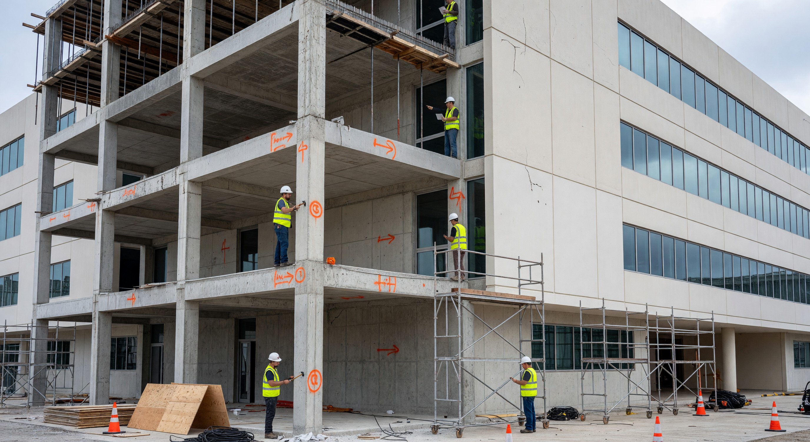 Hospital building exterior showing structural frame and facade under assessment