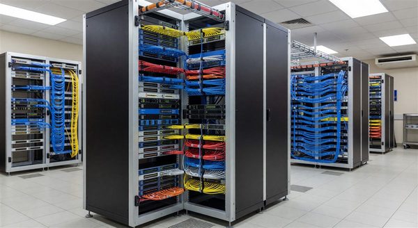 Hospital data center telecommunications rack with structured cabling