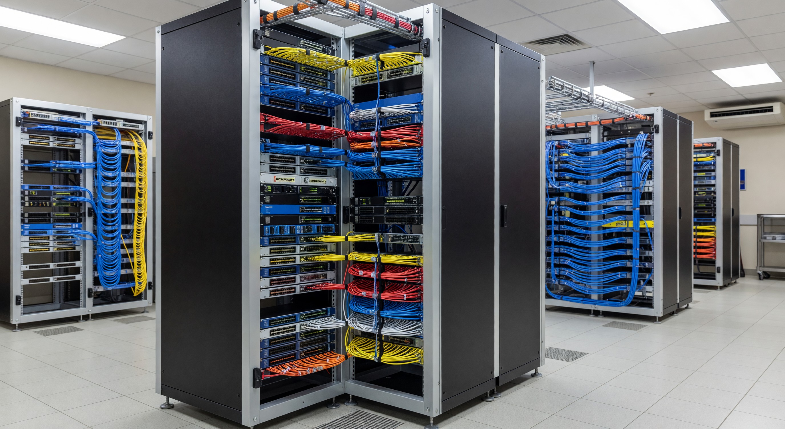 Hospital data center telecommunications rack with structured cabling