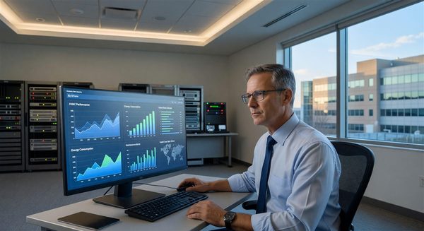 Facility manager monitoring hospital building systems on cloud analytics dashboard