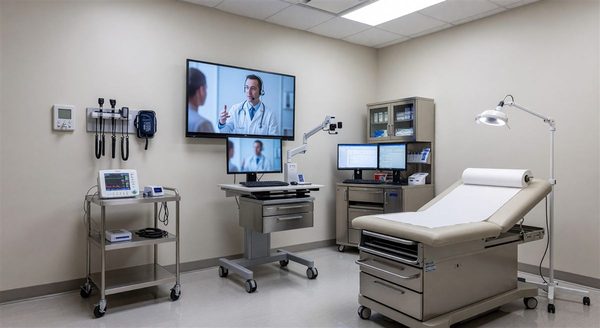 Dedicated telemedicine examination room with video conferencing display and clinical equipment