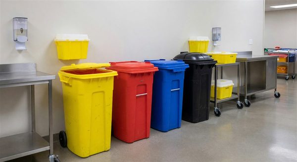 Hospital waste management area with color-coded disposal containers