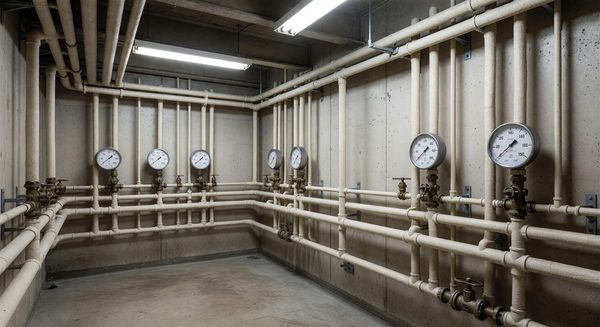 Hospital mechanical room showing hot and cold water distribution piping with temperature monitoring gauges
