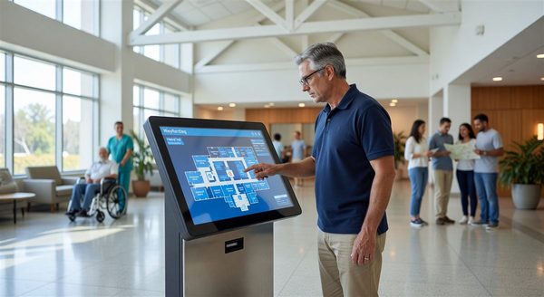 Patient using interactive digital wayfinding kiosk in hospital lobby to navigate to appointment