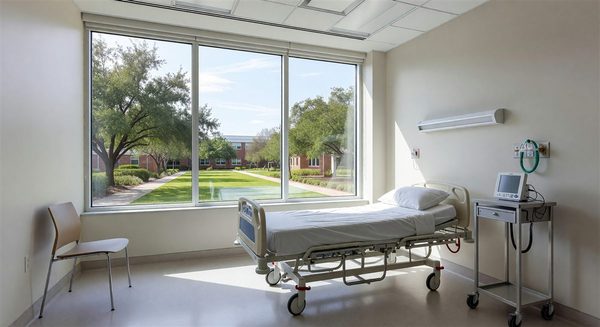 Hospital patient room with large energy-efficient windows and daylight view