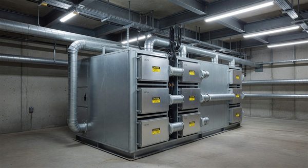 HVAC air handling unit with HEPA filtration upgrades in hospital mechanical room