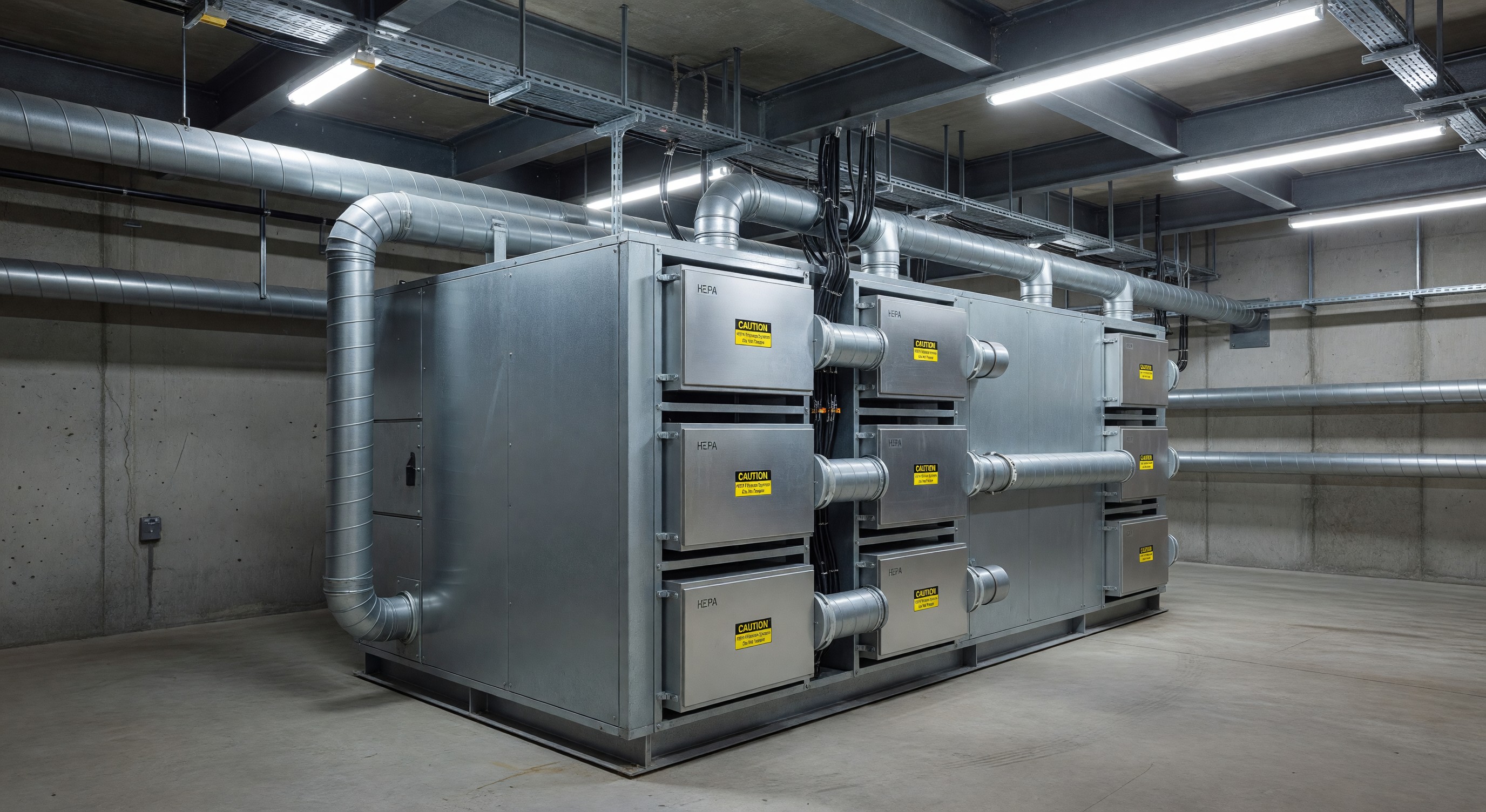 HVAC air handling unit with HEPA filtration upgrades in hospital mechanical room