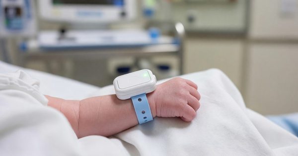 Newborn infant wristband with RTLS security tag in hospital maternity unit