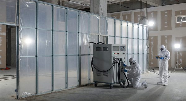Hospital construction zone with infection control barrier wall and HEPA negative pressure unit