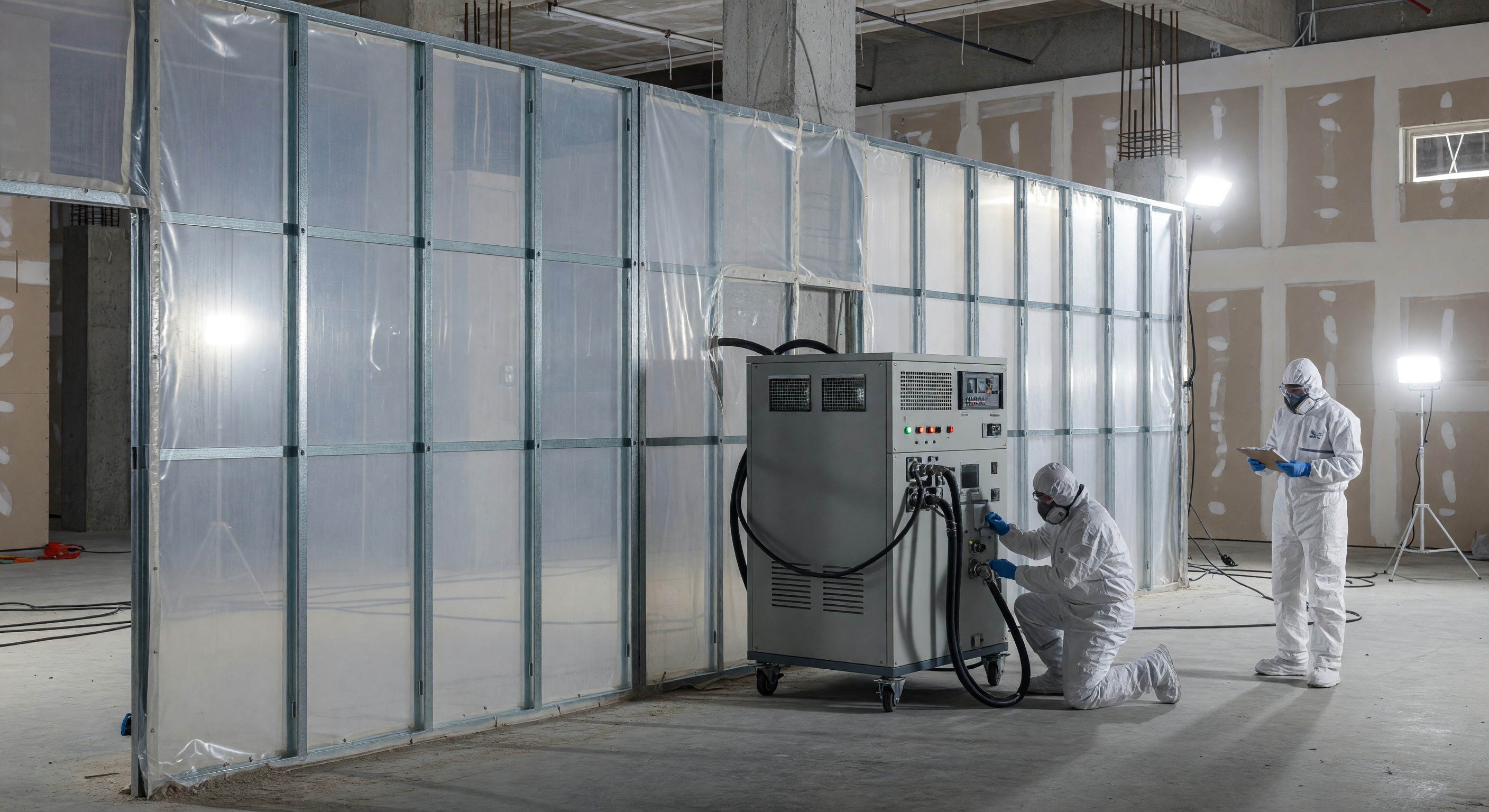 Hospital construction zone with infection control barrier wall and HEPA negative pressure unit