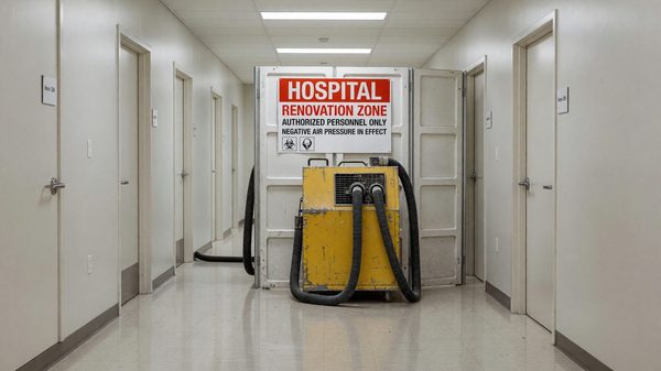 Construction barrier with negative air machine and warning signage outside a hospital renovation zone