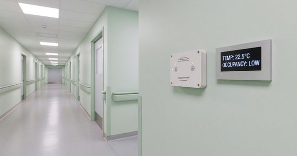 IoT wireless sensor mounted in hospital corridor monitoring temperature and occupancy