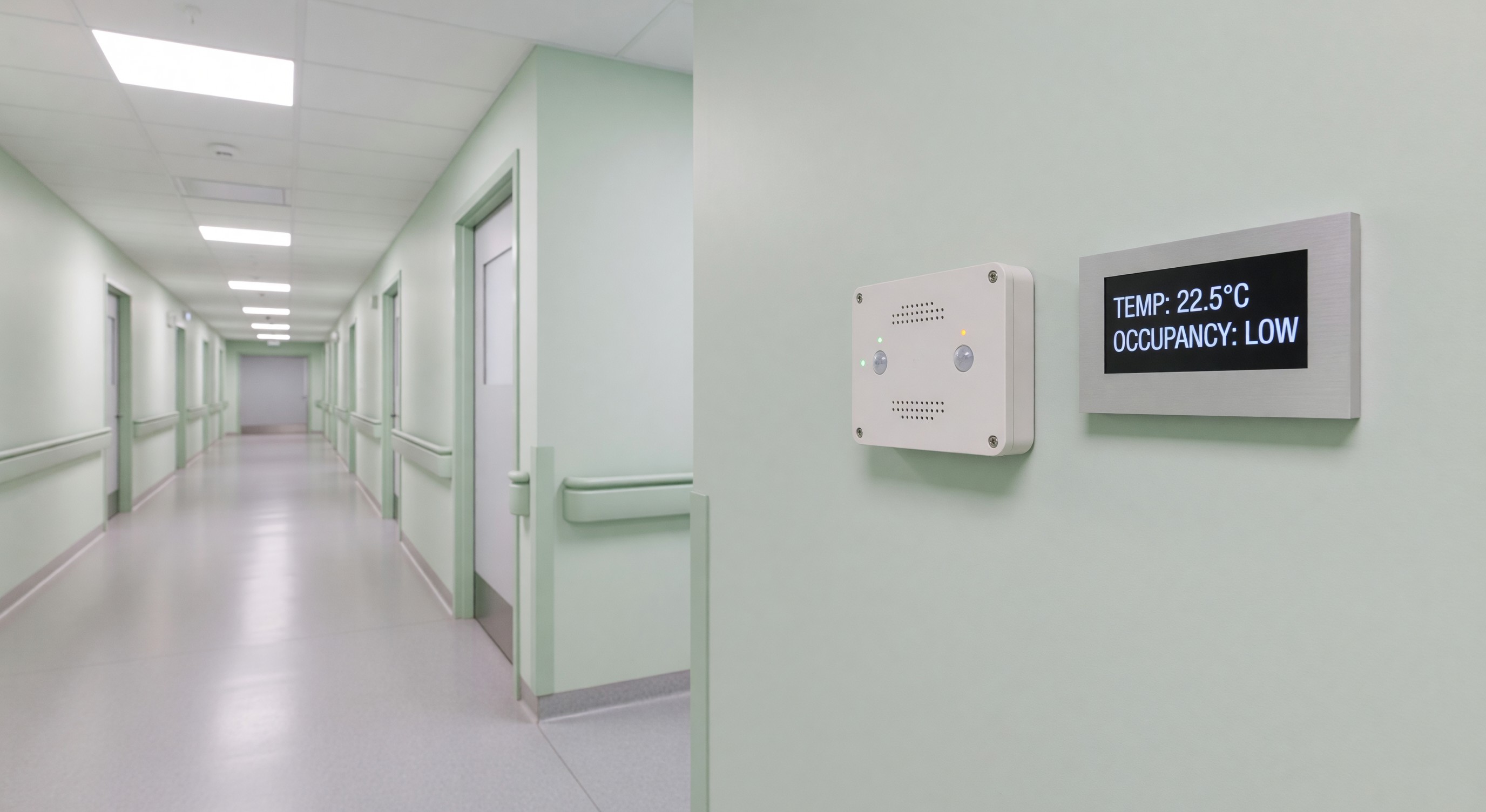 IoT wireless sensor mounted in hospital corridor monitoring temperature and occupancy