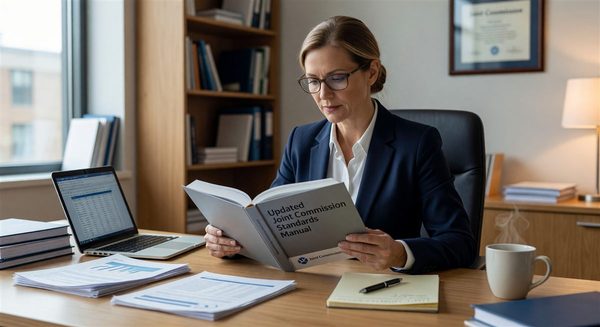 Healthcare compliance officer reviewing updated Joint Commission standards manual at desk