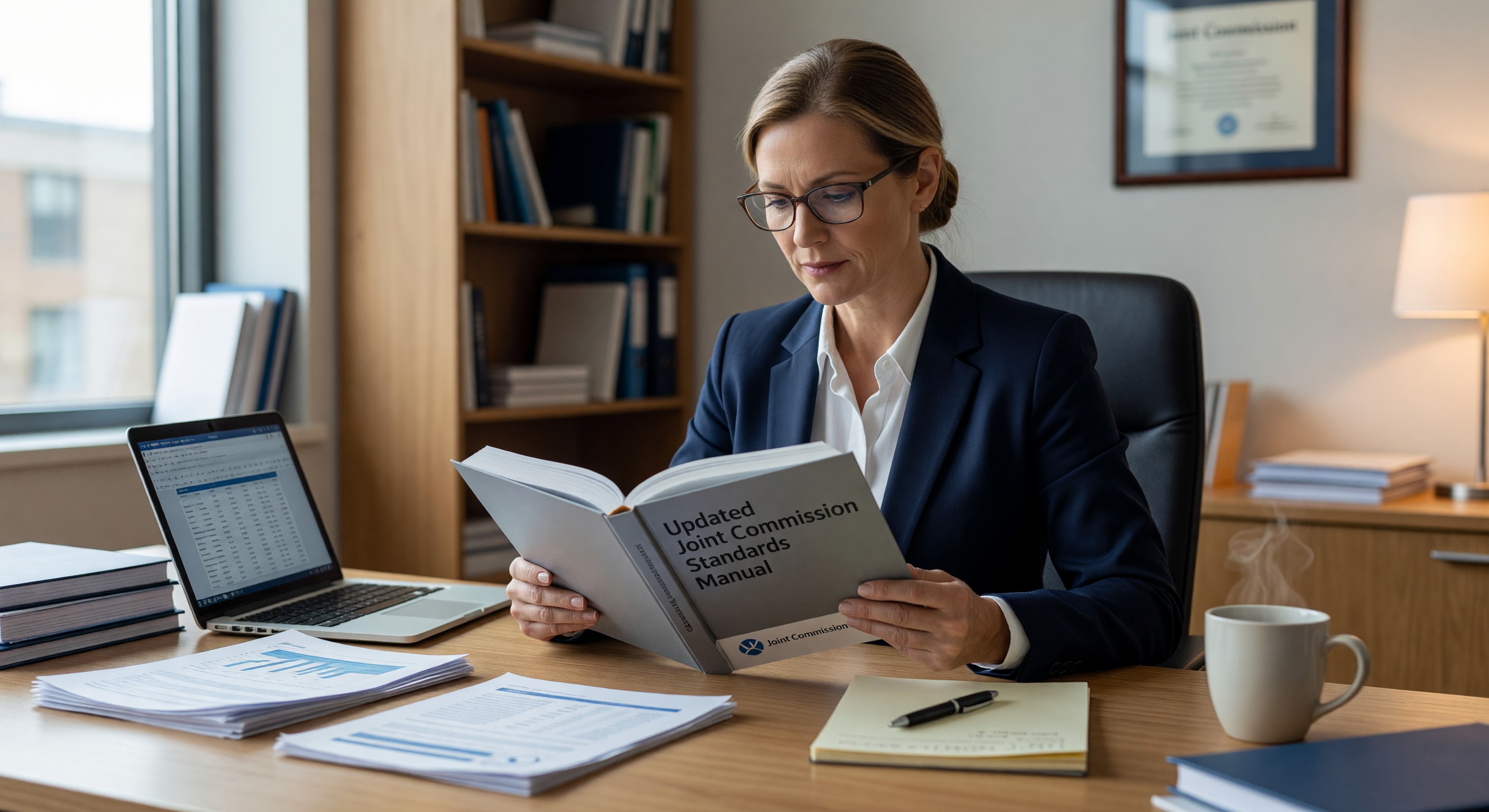 Healthcare compliance officer reviewing updated Joint Commission standards manual at desk