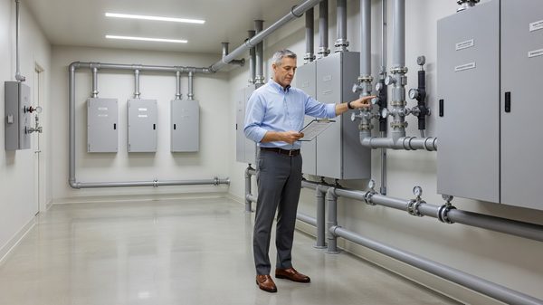 Hospital facility director inspecting a mechanical utility room during Environment of Care survey readiness rounds