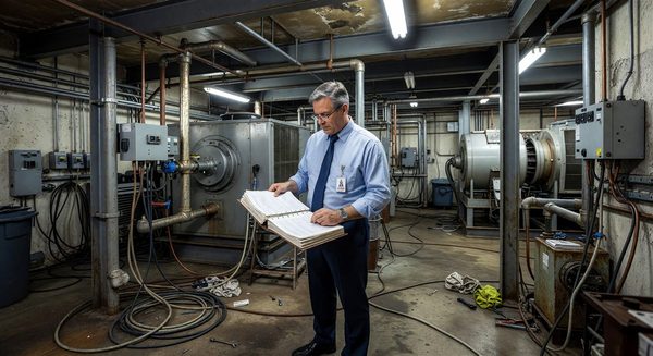 Hospital facility director reviewing compliance documentation in a mechanical room